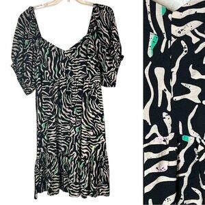 Nine West Babydoll Dress Puffed Sleeve Ruffled Zebra Print Black Beige Size XXL